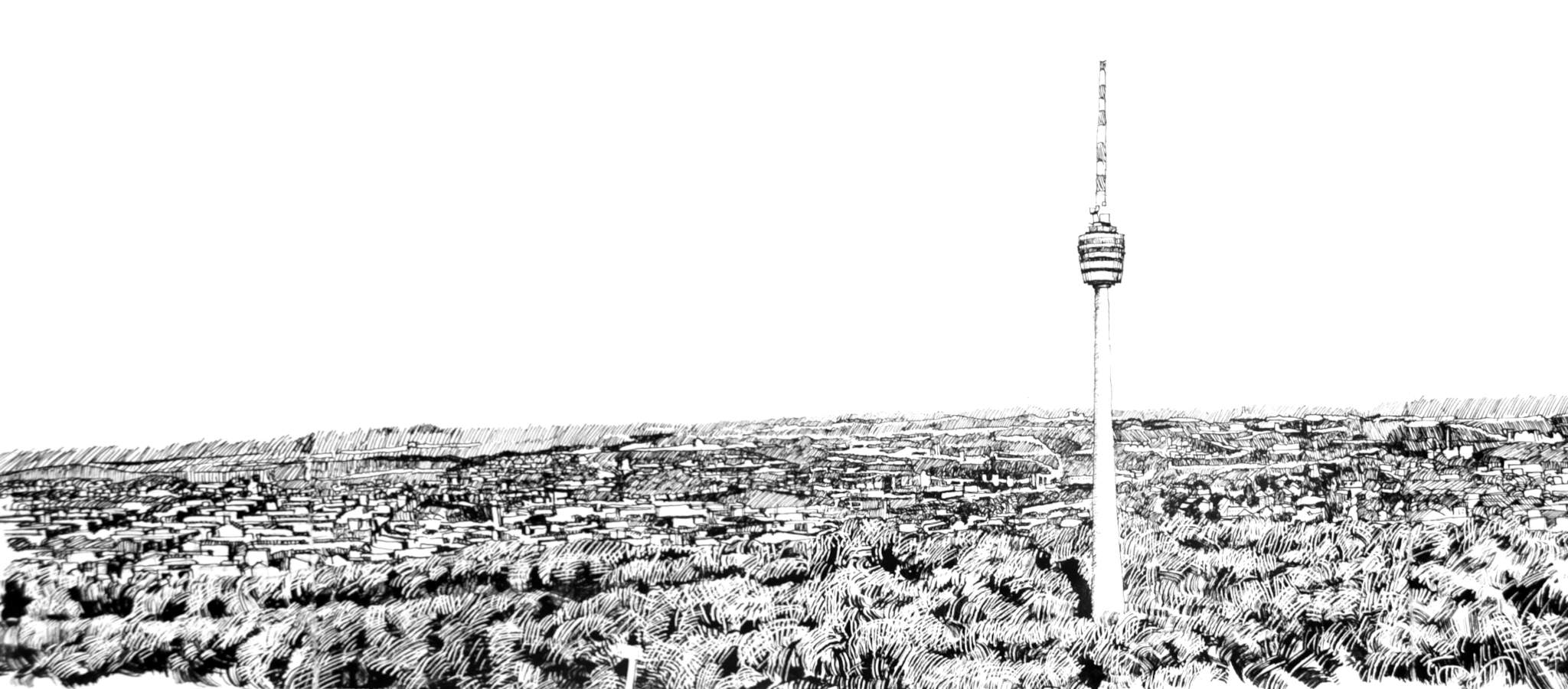 gezeichnete Skyline von Stuttgart mit Fernsehturm rechts im Vordergrund